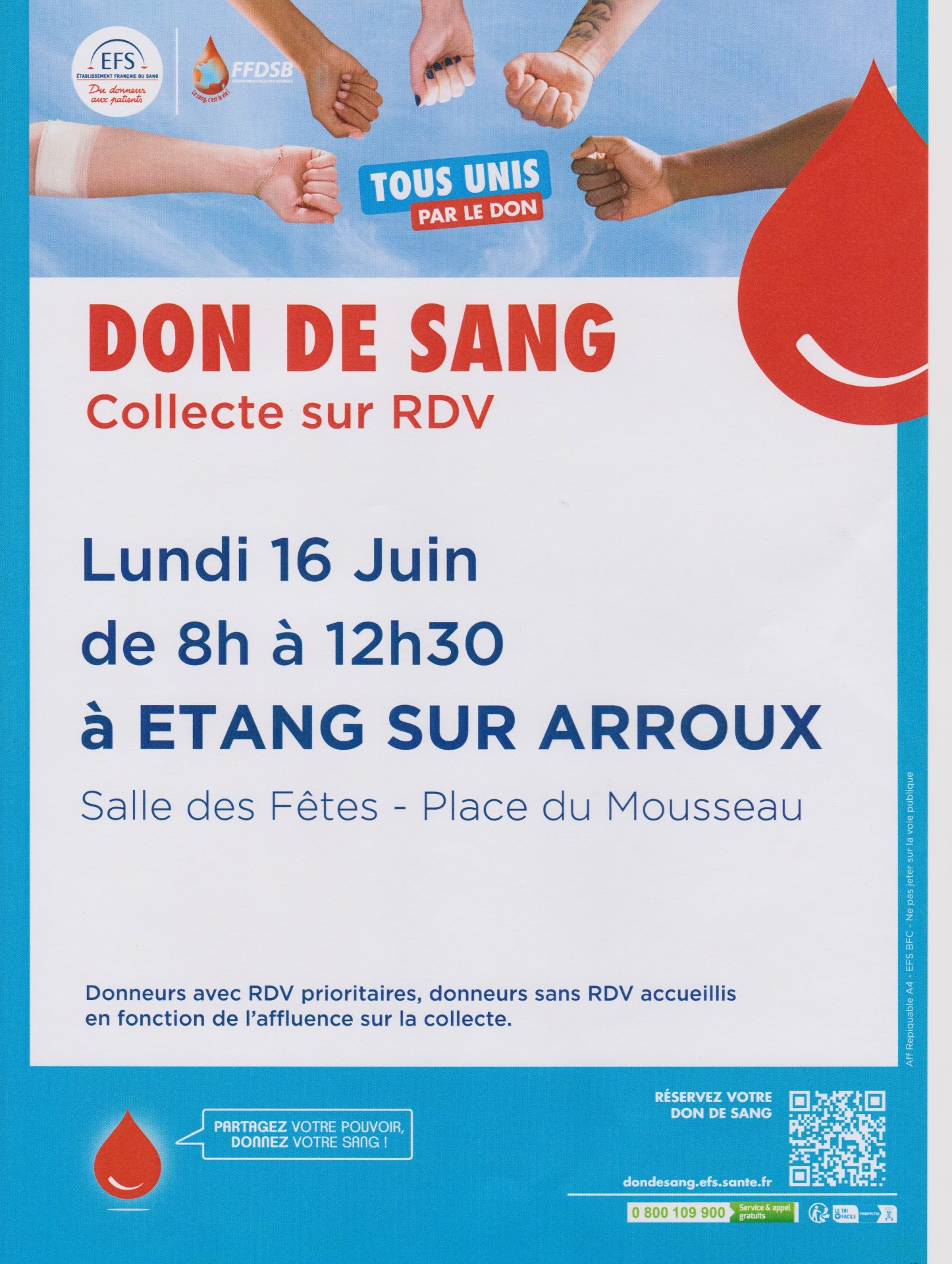 La prochaine collecte de sang est prévue le 14 avril 2025 à Etang de 8h00 à 12h30. Pensez à vous inscrire sur le site : dondesang.efs.sante.fr