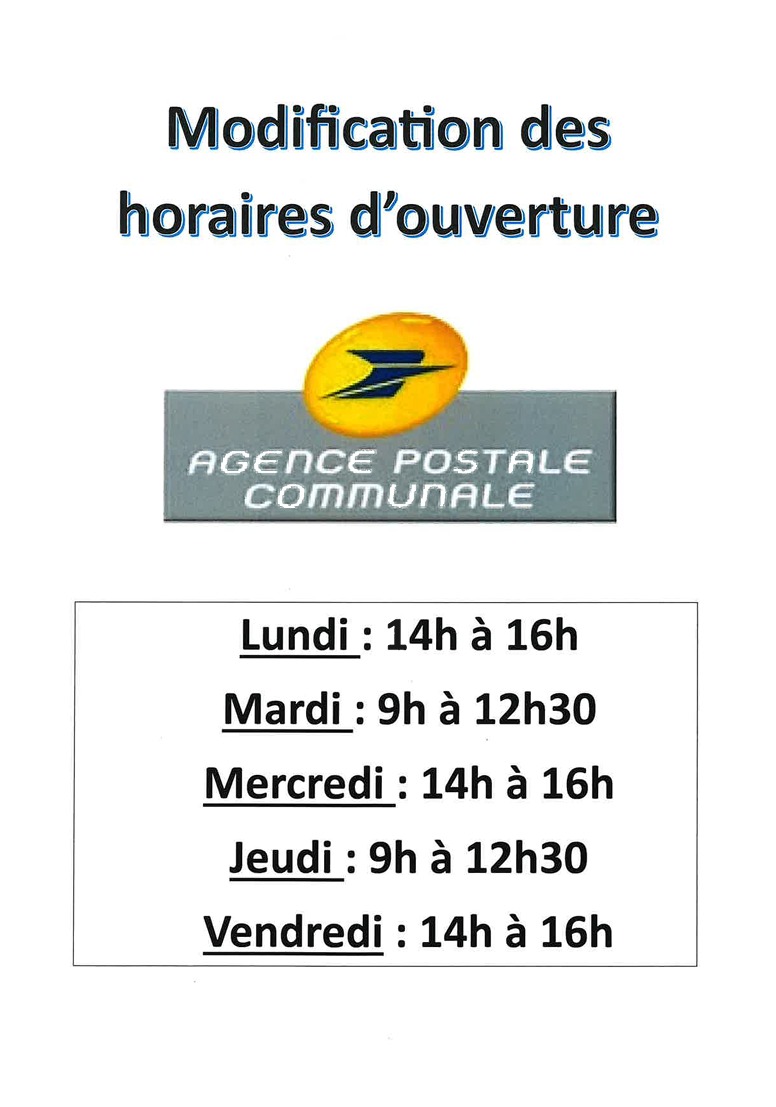 Nouveaux horaires  d'ouverture de l'Agence Postale